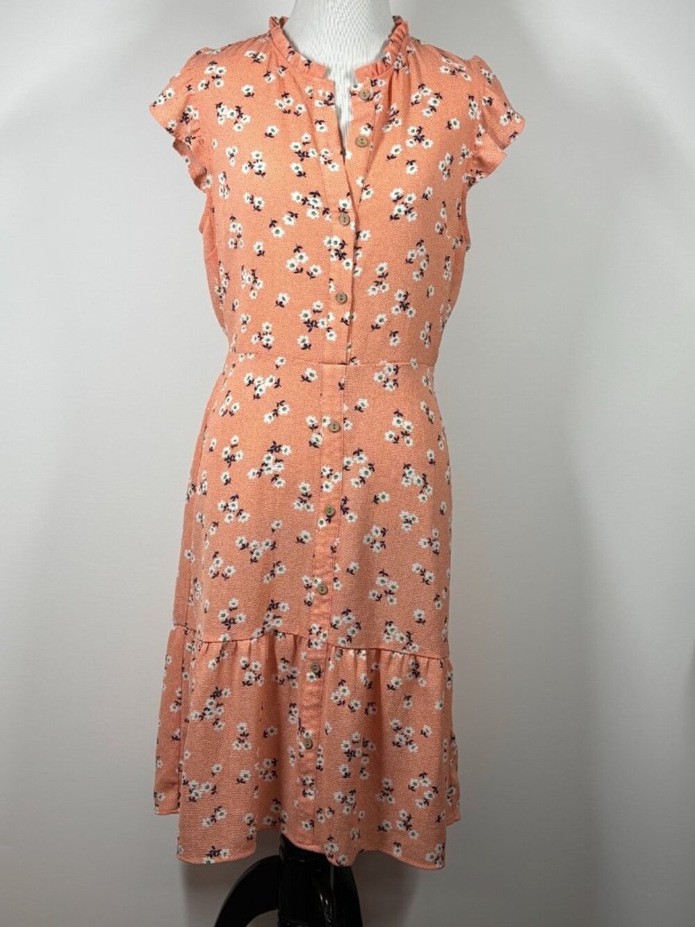 Monteau Los Angeles Shirt Dress Women's Large Orange Green Floral Button Front